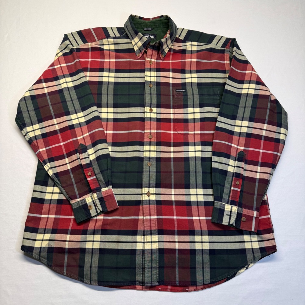 Plaid Button Down Shirt L Red Green Men Corduroy Collar Cabin Preppy Outdoorsman